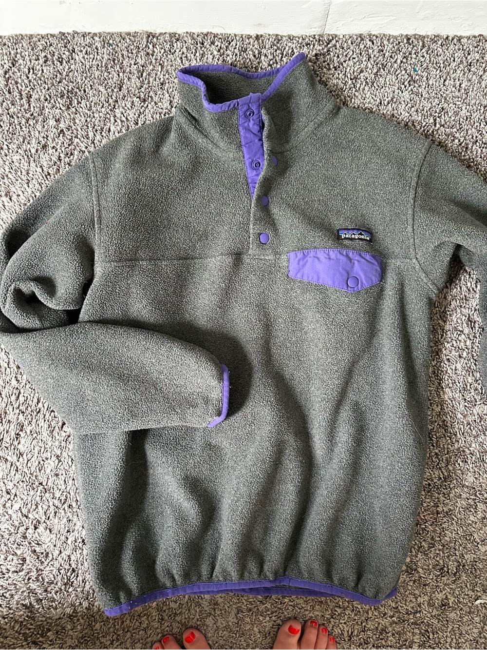 Patagonia Grey Pullover with Purple Accents
